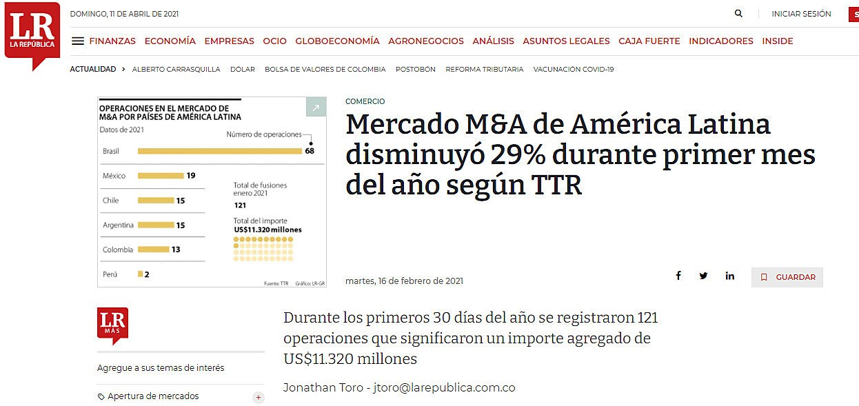 Mercado M&A de Amrica Latina disminuy 29% durante primer mes del ao segn TTR